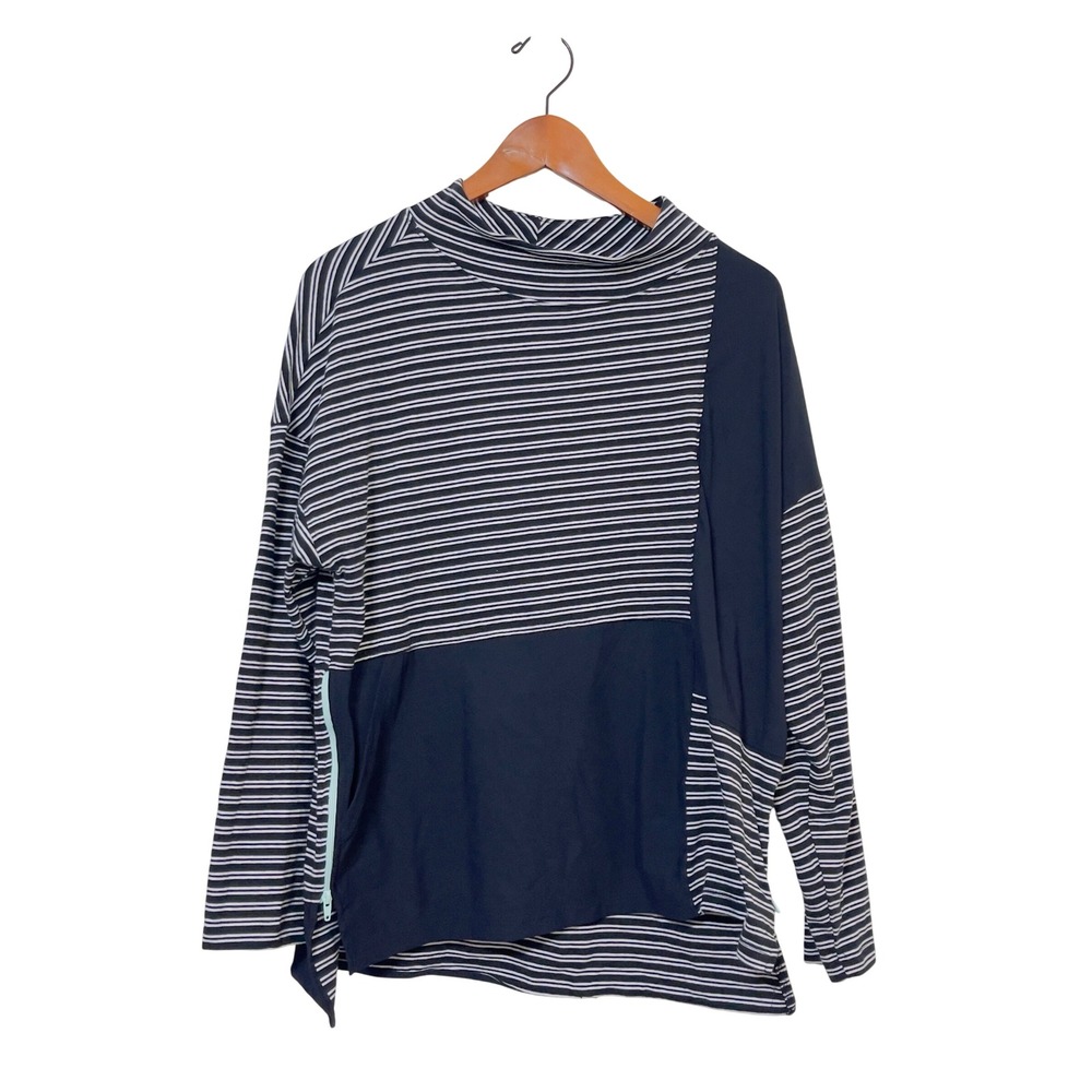 Lisa Bayne Womens Striped Colorblock Mock Neck Top  Black L Casual Nautical